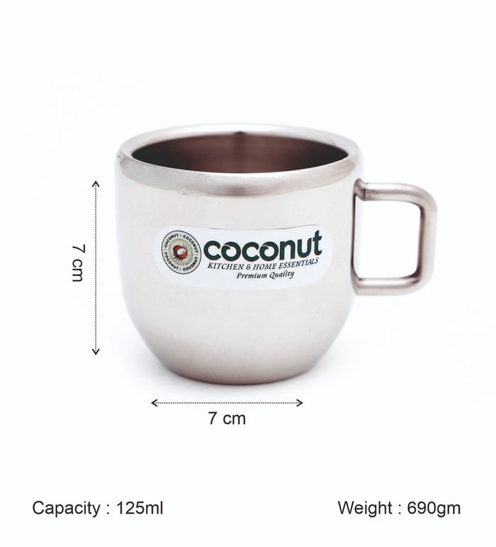 Coconut Stainless Steel Double Walled Mug | Heavy-Gauge Rust-Proof Steel | Round Shape Coffee & Tea Mug | Mirror Finish | Food-Grade, BPA-Free, Eco-Friendly | Durable & Easy to Clean | Ideal for Tea, Coffee, Milk | Pack of 6.
