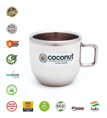 Coconut Stainless Steel Double Walled Mug | Heavy-Gauge Rust-Proof Steel | Round Shape Coffee & Tea Mug | Mirror Finish | Food-Grade, BPA-Free, Eco-Friendly | Durable & Easy to Clean | Ideal for Tea, Coffee, Milk | Pack of 6.