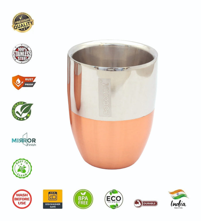 Coconut Stainless Steel Double Walled Tumbler | Premium Mirror Finish Drinkware with Copper Coating Outside | Heavy-Gauge, Rust-Proof & BPA-Free | Ideal for Water, Juice, Lassi & Milk | Eco-Friendly & Durable | Pack of 3.