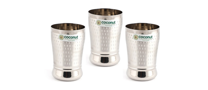 Coconut Stainless Steel Glasses - Capacity 300ml, Shower Finish,  Heavy Gauge, Durable, Food Grade, BPA Free, Model-A23, Drinking Glass For Serving Water / Juice / Beverages