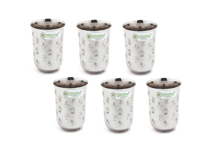 Coconut Stainless Steel Glasses - Set of 6, 270ml each | Laser Printed Tumblers Food Grade, Strong, Multipurpose Glass | Ideal for daily use Water, Juice, Milk, Lassi & Soft drinks.