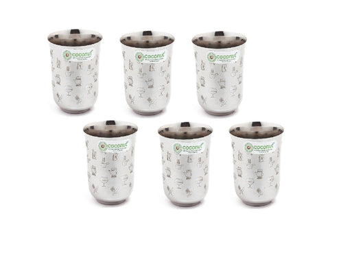 Coconut Stainless Steel Glasses - Set of 6, 270ml each | Laser Printed Tumblers Food Grade, Strong, Multipurpose Glass | Ideal for daily use Water, Juice, Milk, Lassi & Soft drinks.