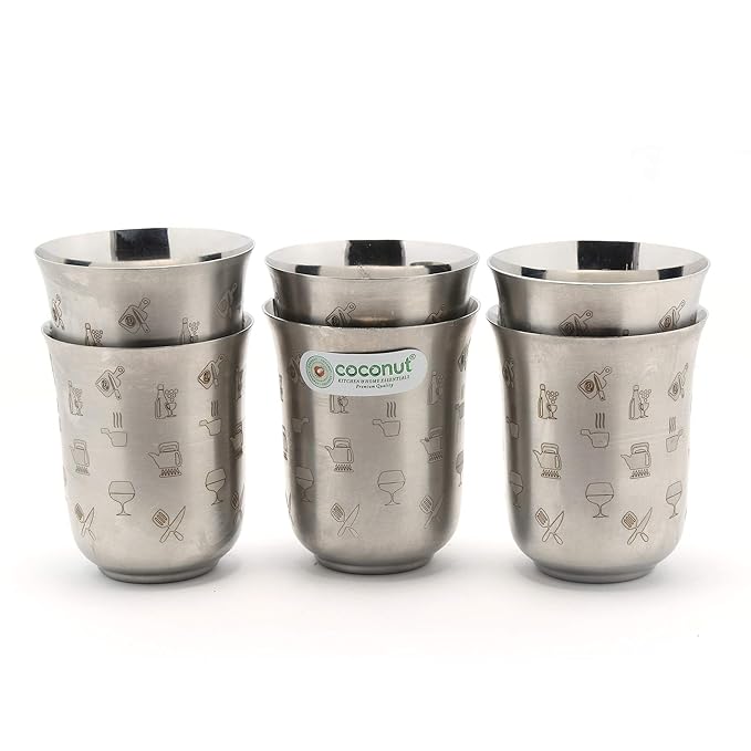 Coconut Stainless Steel Glasses - Set of 6, 270ml each | Laser Printed Tumblers Food Grade, Strong, Multipurpose Glass | Ideal for daily use Water, Juice, Milk, Lassi & Soft drinks.