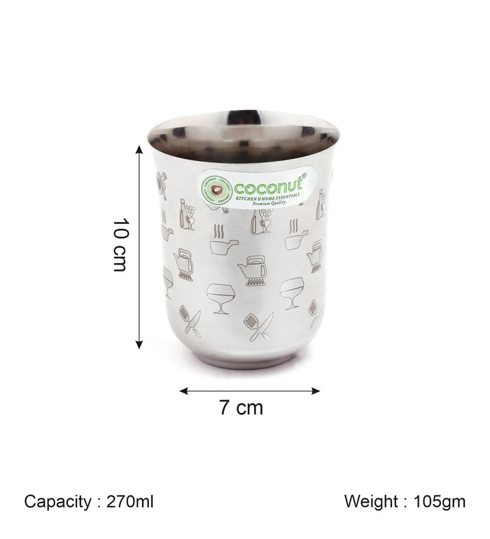 Coconut Stainless Steel Glasses - Set of 6, 270ml each | Laser Printed Tumblers Food Grade, Strong, Multipurpose Glass | Ideal for daily use Water, Juice, Milk, Lassi & Soft drinks.