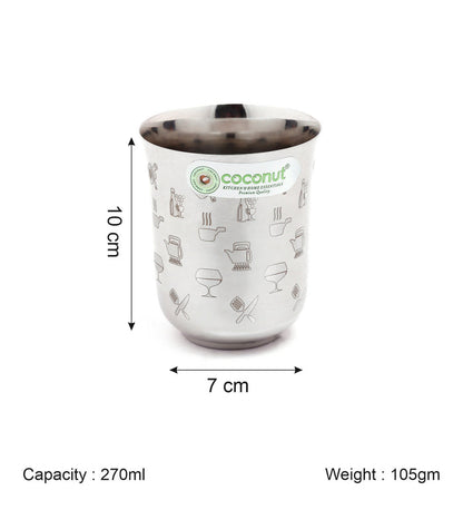 Coconut Stainless Steel Glasses - Set of 6, 270ml each | Laser Printed Tumblers Food Grade, Strong, Multipurpose Glass | Ideal for daily use Water, Juice, Milk, Lassi & Soft drinks.