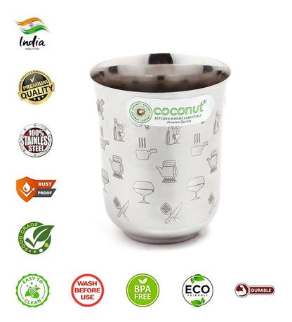 Coconut Stainless Steel Glasses - Set of 6, 270ml each | Laser Printed Tumblers Food Grade, Strong, Multipurpose Glass | Ideal for daily use Water, Juice, Milk, Lassi & Soft drinks.