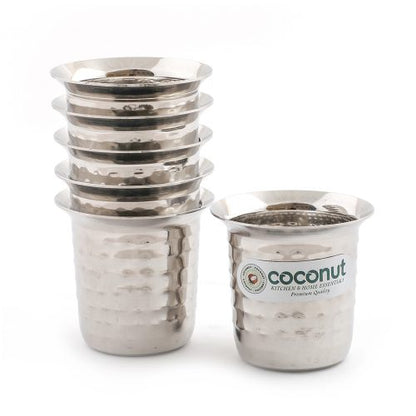 Coconut Stainless Steel Hammered Coffee Glass Set of 6 | Available in 100ml, 120ml & 250ml | Heavy Gauge Food Grade Stainless Steel | BPA Free & Rust Proof | For Tea, Coffee, Milk, Water & Juice | Model D12 Junior.