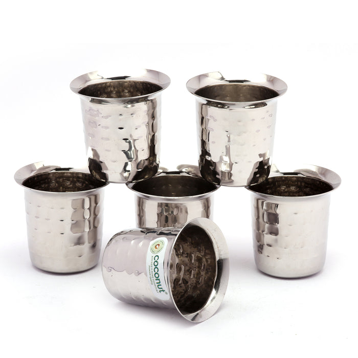 Coconut Stainless Steel Hammered Coffee Glass Set of 6 | Available in 100ml, 120ml & 250ml | Heavy Gauge Food Grade Stainless Steel | BPA Free & Rust Proof | For Tea, Coffee, Milk, Water & Juice | Model D12 Junior.