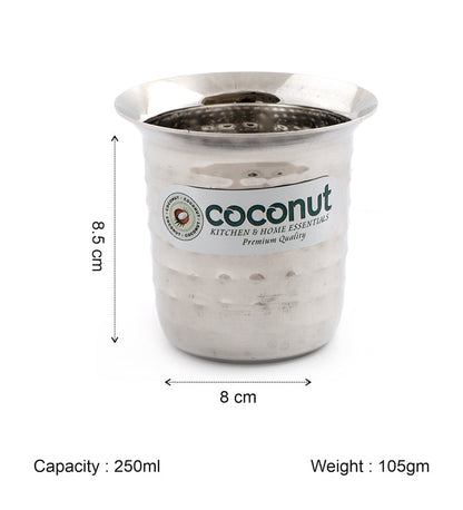 Coconut Stainless Steel Hammered Coffee Glass Set of 6 | Available in 100ml, 120ml & 250ml | Heavy Gauge Food Grade Stainless Steel | BPA Free & Rust Proof | For Tea, Coffee, Milk, Water & Juice | Model D12 Junior.