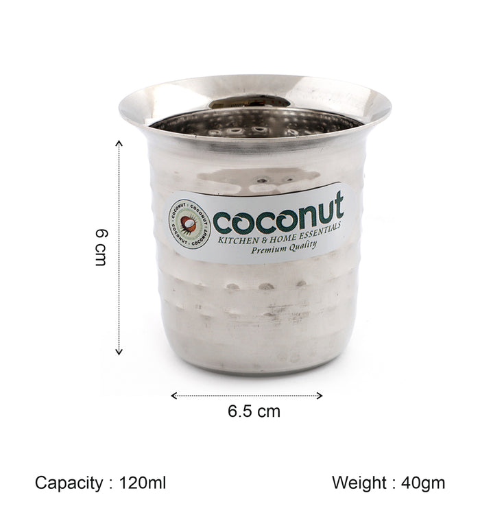 Coconut Stainless Steel Hammered Coffee Glass Set of 6 | Available in 100ml, 120ml & 250ml | Heavy Gauge Food Grade Stainless Steel | BPA Free & Rust Proof | For Tea, Coffee, Milk, Water & Juice | Model D12 Junior.