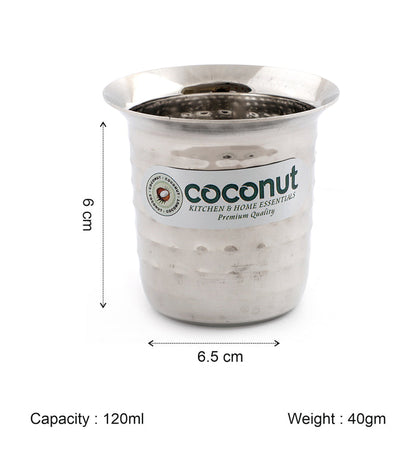 Coconut Stainless Steel Hammered Coffee Glass Set of 6 | Available in 100ml, 120ml & 250ml | Heavy Gauge Food Grade Stainless Steel | BPA Free & Rust Proof | For Tea, Coffee, Milk, Water & Juice | Model D12 Junior.