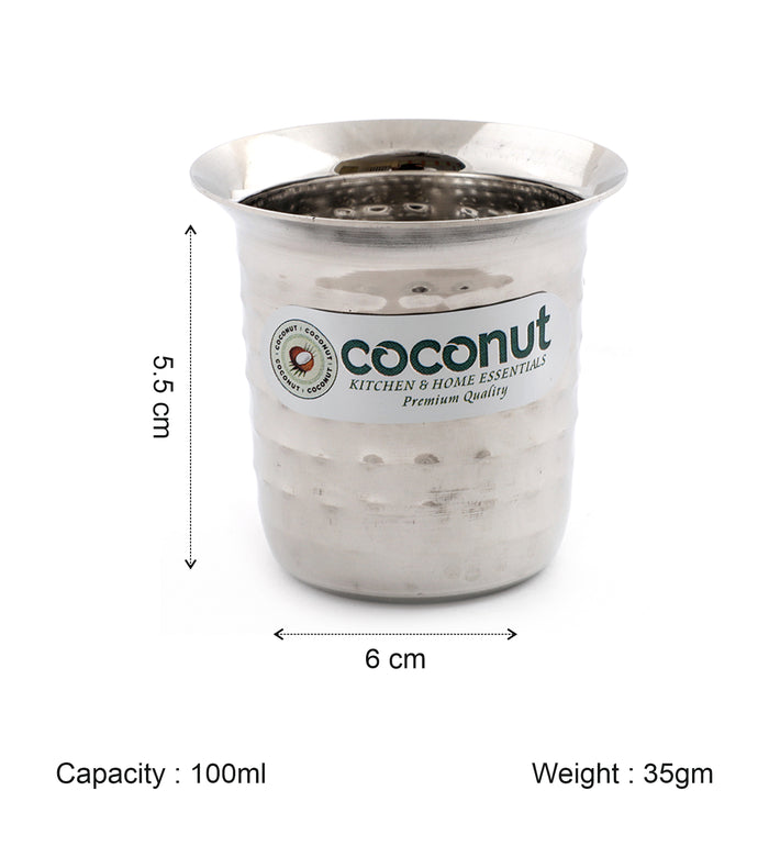 Coconut Stainless Steel Hammered Coffee Glass Set of 6 | Available in 100ml, 120ml & 250ml | Heavy Gauge Food Grade Stainless Steel | BPA Free & Rust Proof | For Tea, Coffee, Milk, Water & Juice | Model D12 Junior.
