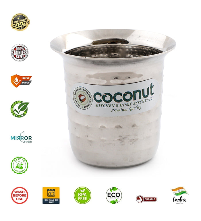 Coconut Stainless Steel Hammered Coffee Glass Set of 6 | Available in 100ml, 120ml & 250ml | Heavy Gauge Food Grade Stainless Steel | BPA Free & Rust Proof | For Tea, Coffee, Milk, Water & Juice | Model D12 Junior.