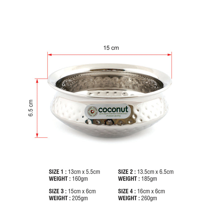 Coconut Stainless Steel Hammered Golconda Kadai Set of 4-200ml, 300ml, 400ml and 500ml (Food Grade)
