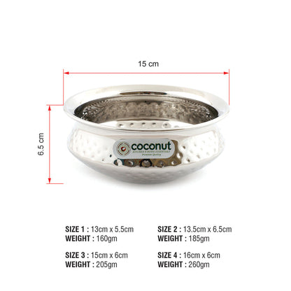 Coconut Stainless Steel Hammered Golconda Kadai Set of 4-200ml, 300ml, 400ml and 500ml (Food Grade)