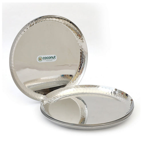 Coconut Stainless Steel Hammered Plate - Pack of 6, Heavy Gauge, Mirror Finish, Solid, Dinner Plate / Meal Plate / Serving Plate/ Thali, Model-P6 Hammered Corner