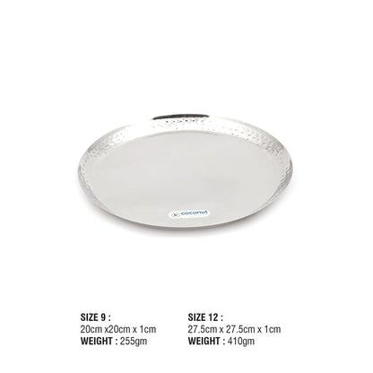 Coconut Stainless Steel Hammered Plate - Pack of 6, Heavy Gauge, Mirror Finish, Solid, Dinner Plate / Meal Plate / Serving Plate/ Thali, Model-P6 Hammered Corner