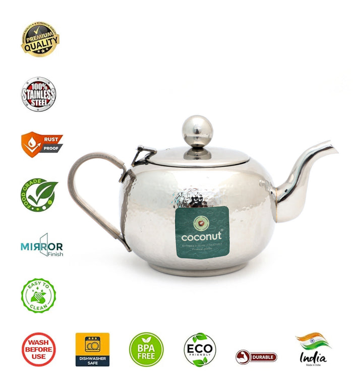 Coconut Stainless Steel Hammered Tea Pot | Premium Food-Grade, Heavy-Gauge Steel Kettle | Elegant Mirror Finish | Rust-Proof, BPA-Free & Dishwasher Safe | Ideal for Serving Tea, Coffee & Hot Water | Perfect for Gifting |