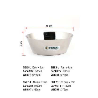 Coconut Stainless Steel Heavy Gauge, Mirror Polish, Solid Bowl/ Vati / Katori / Set of 6 -Available sizes in Capacity 500ml, 700ml, 900ml,1150ml, Model - C28 Alaska, Serving Bowls for Soup, Salad, Dessert, Dal, Vegetable