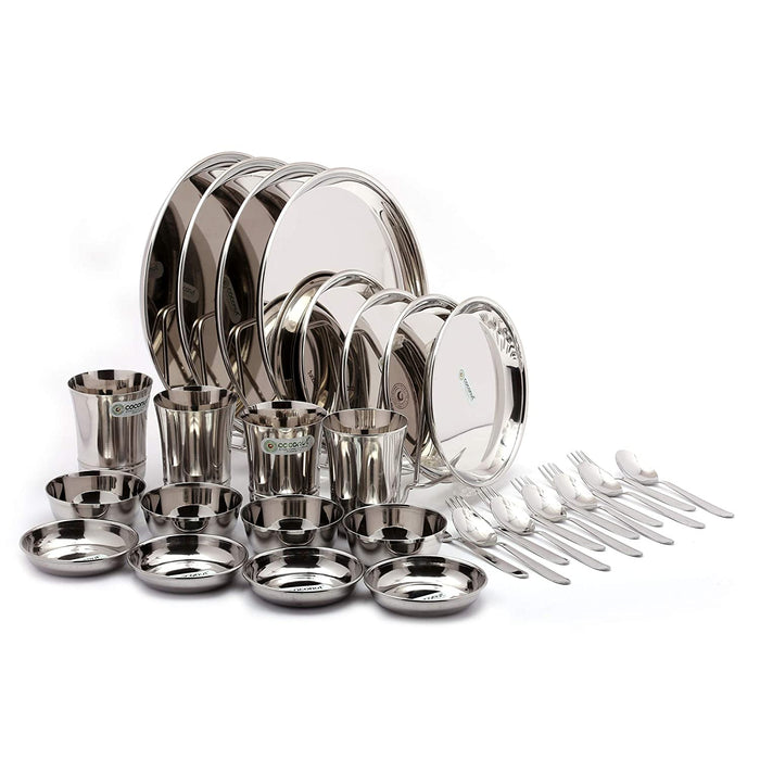 Coconut Stainless Steel Heavy Guage Mirror Finish Dinner Set/Dinnerware & Serveware - 32 Pc (Food Grade)