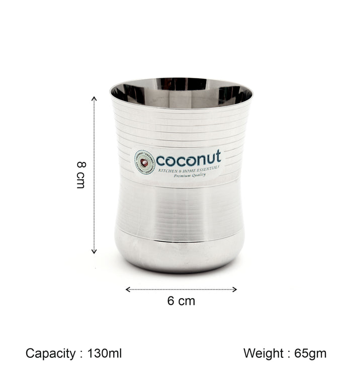 Coconut Stainless Steel Junior Glass Set of 6 (130ml Each) | Heavy Gauge Food Grade BPA Free Steel Drinking Tumbler | Mirror Finish Glass for Water, Juice, Tea, Coffee, Milk & Beverages | Durable & Rust Proof | Model - D7 Junior Glass.