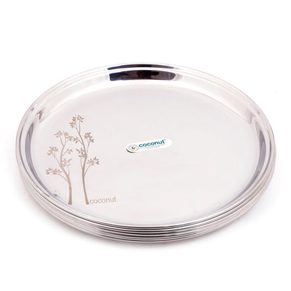 Coconut Stainless Steel Laser Finish- Pack of 6, Heavy Gauge, Mirror Finish, Solid, Dinner Plate / Meal Plate / Serving Plate, Model P2 American Plate
