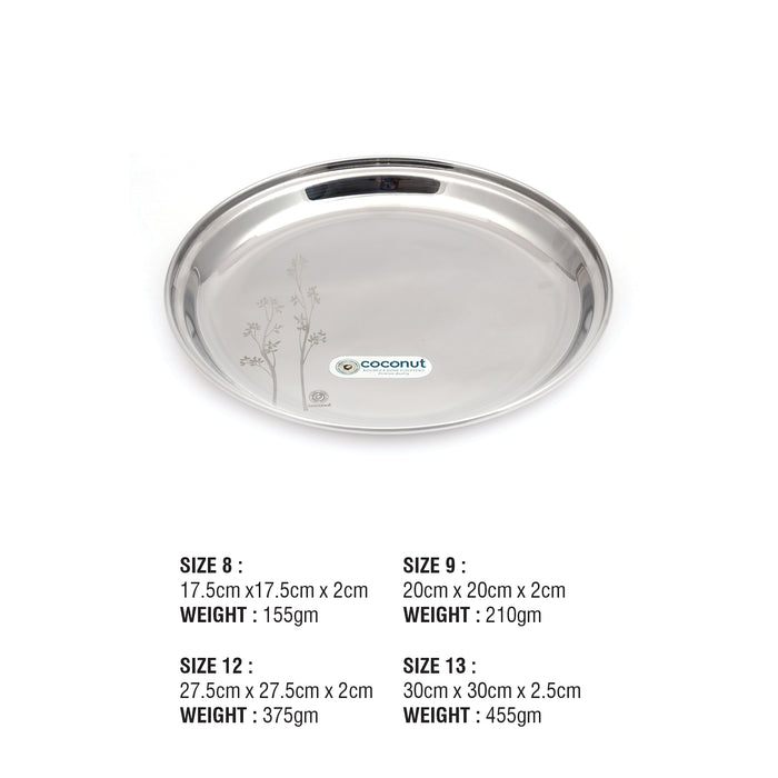 Coconut Stainless Steel Laser Finish- Pack of 6, Heavy Gauge, Mirror Finish, Solid, Dinner Plate / Meal Plate / Serving Plate, Model P2 American Plate