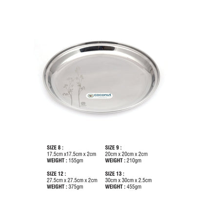 Coconut Stainless Steel Laser Finish- Pack of 6, Heavy Gauge, Mirror Finish, Solid, Dinner Plate / Meal Plate / Serving Plate, Model P2 American Plate