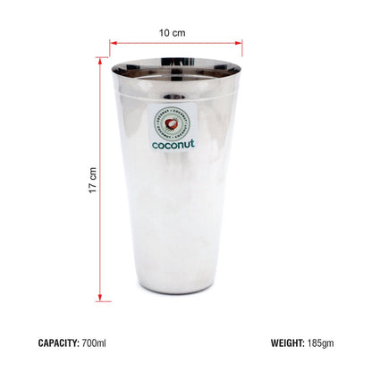 Coconut Stainless Steel Lassi Glasses Set Of 2 - Capacity 650ml each, Heavy Gauge, Durable, Food Grade, BPA Free, Model-B4, Glasses For Serving Water / Juice / Beverages/ Lassi