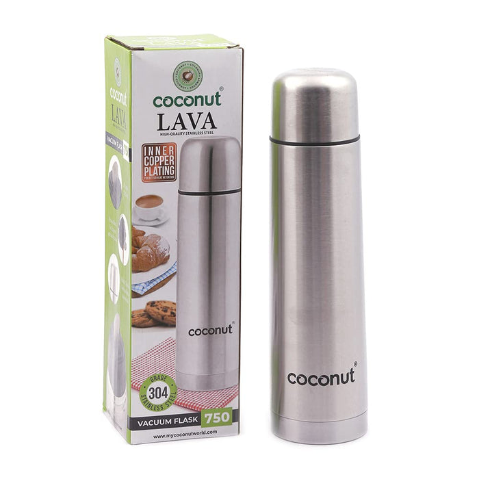 Coconut Stainless Steel Lava Flip Lock Vacuum Flask - 304 Steel | Food Grade | Double wall | keeps Liquid Hot / Cold for 24hrs | Leak Proof | Silver | Vaccum Flask | Hot & Cold Bottle | Model - Lava Vaccum Flask