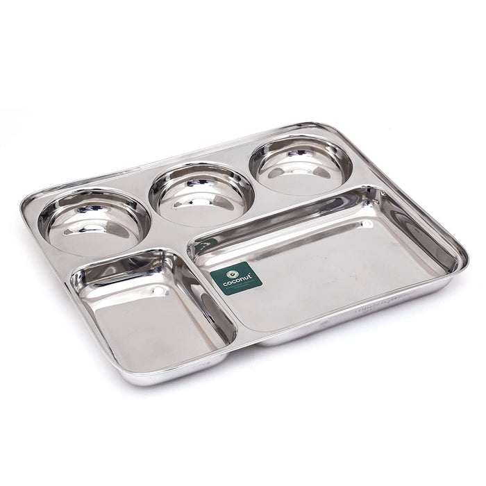 Coconut Stainless Steel Mini Meals - Heavy Gauge, Mirror finish, Durable, Partition Plate / Pav Bhaji Plate / Serving Plate /Lunch / Dinner / Bhojan / Compartment Plate, Model- P15 Mini Meals