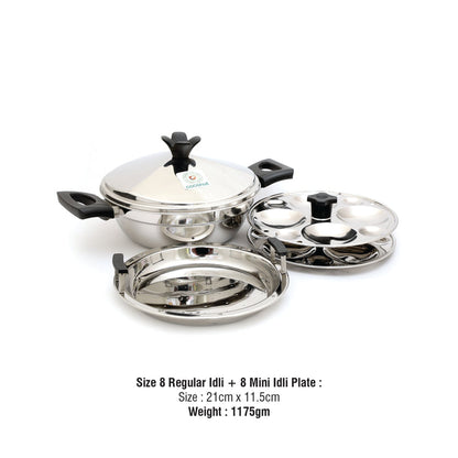 Coconut Stainless Steel Multi purpose Idli Steamer- 8 Regular Idli, 8 Button Idli, 1 Steamer Plate, Diamater - 9.5 Inches, Steamer / Cooker / Kadai, Model - Dakshini Multi Kadai