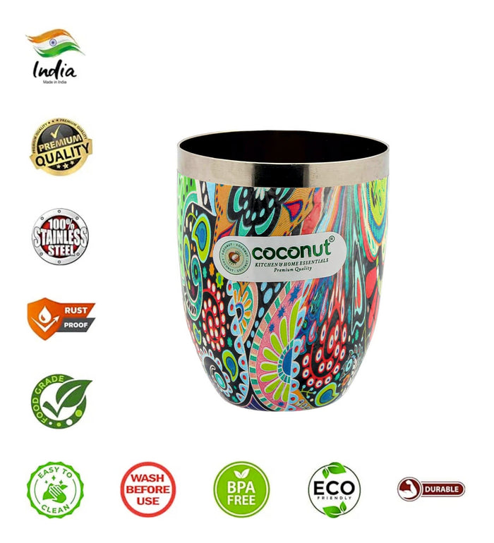 Coconut Stainless Steel Mystic Color Glass-300ml | Heavy-Gauge Food-Grade Steel | BPA-Free & Rust-Resistant Drinkware | Perfect for Serving Water, Juice, Lassi & Lemonade at Home, Office & Restaurants.