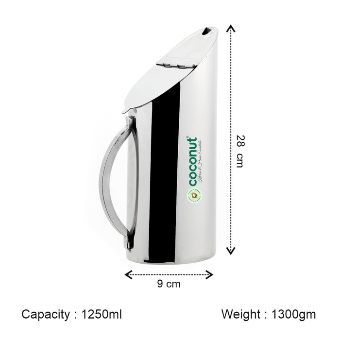 Coconut Stainless Steel Oval Thirst Jug 1250ml | Water Pitcher with Lid & Handle | Mirror Finish Fridge Water Jug | Food Grade, BPA Free, Rust Proof Stainless-Steel Jug for Water, Juice, Milk & Beverages | Model J10 Oval Thirst.