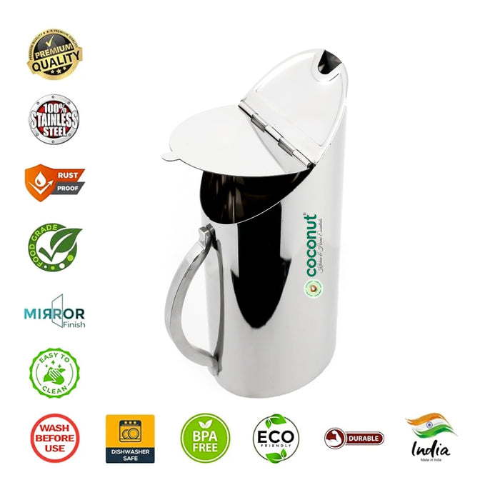 Coconut Stainless Steel Oval Thirst Jug 1250ml | Water Pitcher with Lid & Handle | Mirror Finish Fridge Water Jug | Food Grade, BPA Free, Rust Proof Stainless-Steel Jug for Water, Juice, Milk & Beverages | Model J10 Oval Thirst.