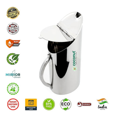 Coconut Stainless Steel Oval Thirst Jug 1250ml | Water Pitcher with Lid & Handle | Mirror Finish Fridge Water Jug | Food Grade, BPA Free, Rust Proof Stainless-Steel Jug for Water, Juice, Milk & Beverages | Model J10 Oval Thirst.