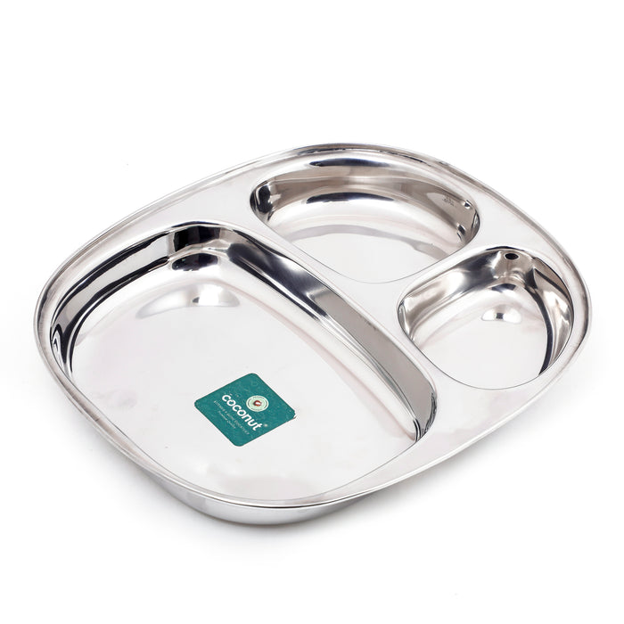 Coconut Stainless Steel Partition Plate - Pack of 2, Heavy Gauge, Mirror finish, Durable, Partition Plate / Pav Bhaji Plate / Serving Plate /Lunch / Dinner / Bhojan / Compartment Plate, Model- Dynasty Plate
