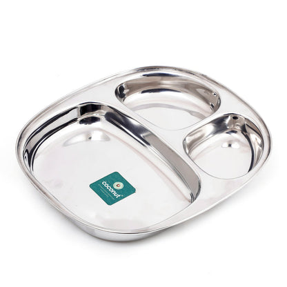 Coconut Stainless Steel Partition Plate - Pack of 2, Heavy Gauge, Mirror finish, Durable, Partition Plate / Pav Bhaji Plate / Serving Plate /Lunch / Dinner / Bhojan / Compartment Plate, Model- Dynasty Plate
