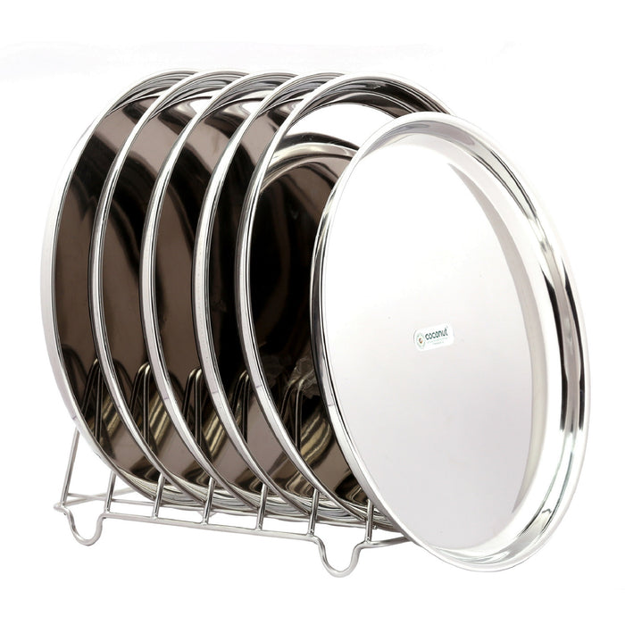 Coconut Stainless Steel Plate - Pack of 6, 22 Gauge, Mirror Finish, Solid, Dinner Plate / Meal Plate / Serving Plate/ Thali, Model-22g Beeding Plate