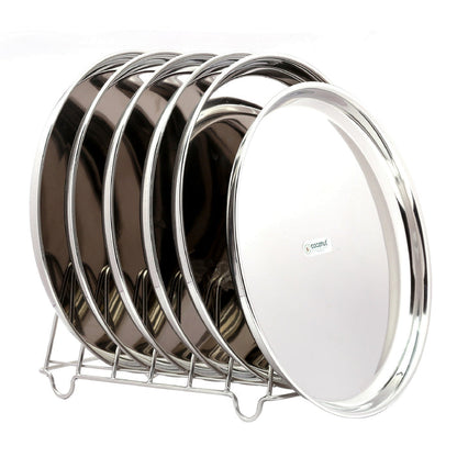 Coconut Stainless Steel Plate - Pack of 6, 22 Gauge, Mirror Finish, Solid, Dinner Plate / Meal Plate / Serving Plate/ Thali, Model-22g Beeding Plate