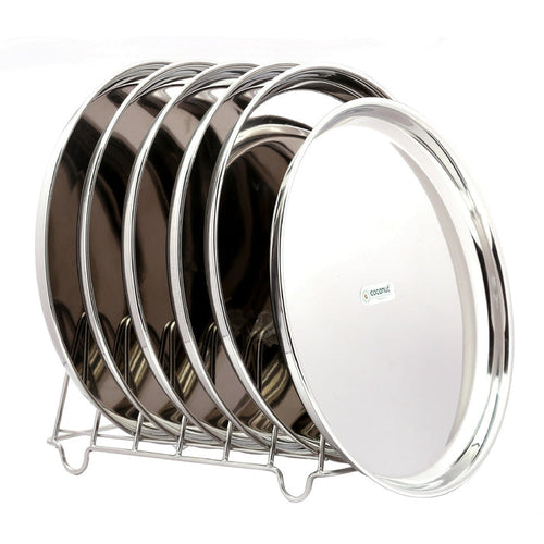 Coconut Stainless Steel Plate - Pack of 6, 22 Gauge, Mirror Finish, Solid, Dinner Plate / Meal Plate / Serving Plate/ Thali, Model-22g Beeding Plate