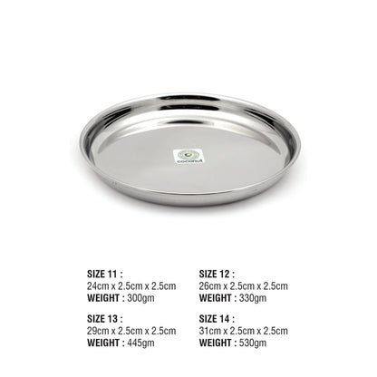 Coconut Stainless Steel Plate - Pack of 6, 22 Gauge, Mirror Finish, Solid, Dinner Plate / Meal Plate / Serving Plate/ Thali, Model-22g Beeding Plate