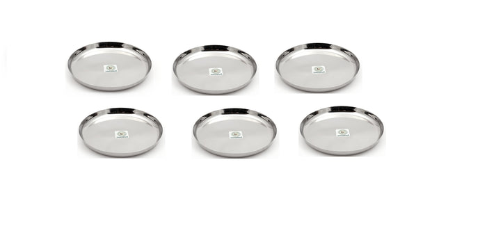 Coconut Stainless Steel Plate - Pack of 6, Heavy Gauge, Mirror Finish, Solid, Dinner Plate / Meal Plate / Serving Plate/ Thali, Model-P8 Apple