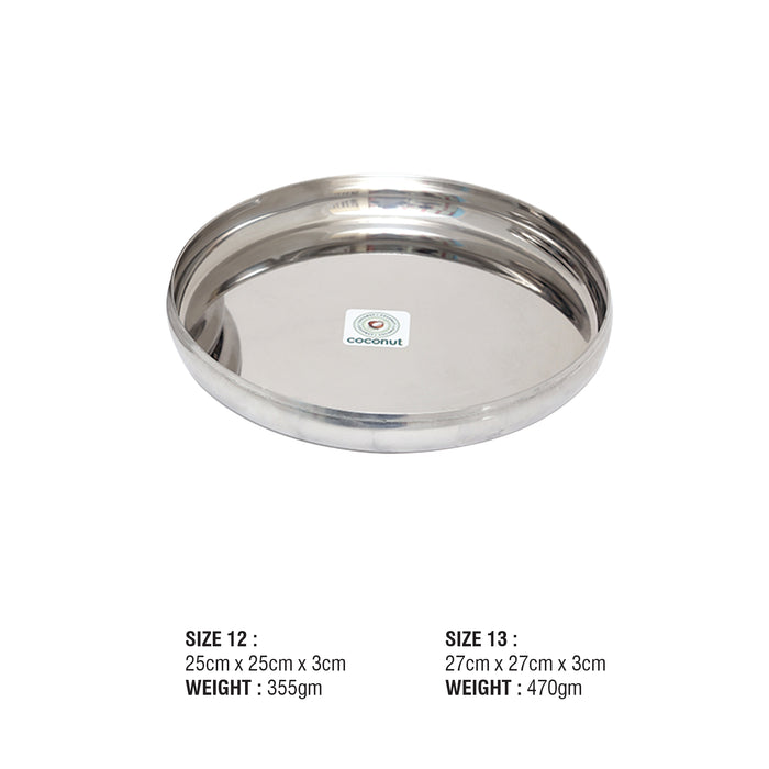 Coconut Stainless Steel Plate - Pack of 6, Heavy Gauge, Mirror Finish, Solid, Dinner Plate / Meal Plate / Serving Plate/ Thali, Model-P1 CB Plate