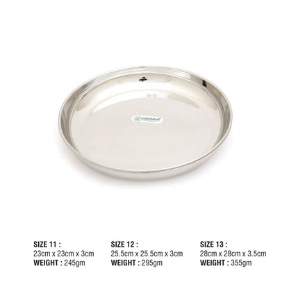 Coconut Stainless Steel Pulav Plate - Pack of 6, Heavy Gauge, Mirror Finish, Solid, Dinner Plate / Meal Plate / Serving Plate/ Thali, Model-P17 Pulav Plate