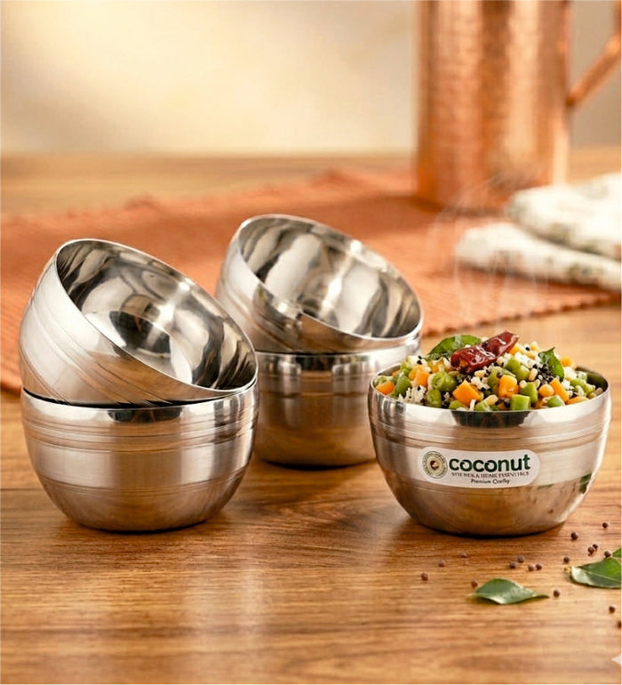 Coconut Stainless Steel Ringer Apple Bowl Set of 6 | Premium Serving Katori/Vati for Kitchen & Dining | Mirror Finish | Rust Proof | Dishwasher Safe | Available in 150ml, 200ml, 300ml & 350ml.
