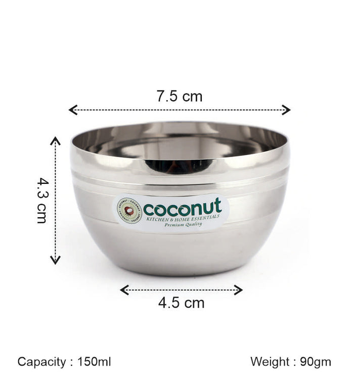 Coconut Stainless Steel Ringer Apple Bowl Set of 6 | Premium Serving Katori/Vati for Kitchen & Dining | Mirror Finish | Rust Proof | Dishwasher Safe | Available in 150ml, 200ml, 300ml & 350ml.