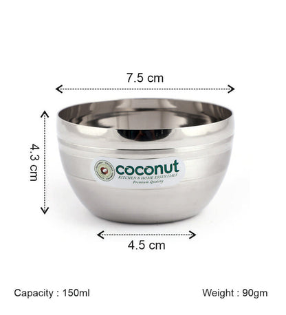 Coconut Stainless Steel Ringer Apple Bowl Set of 6 | Premium Serving Katori/Vati for Kitchen & Dining | Mirror Finish | Rust Proof | Dishwasher Safe | Available in 150ml, 200ml, 300ml & 350ml.