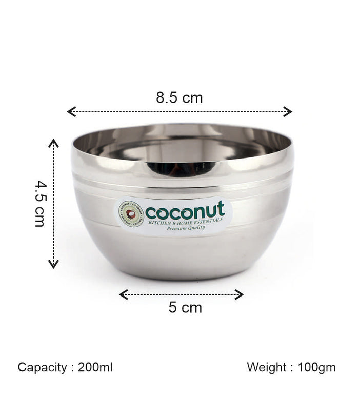 Coconut Stainless Steel Ringer Apple Bowl Set of 6 | Premium Serving Katori/Vati for Kitchen & Dining | Mirror Finish | Rust Proof | Dishwasher Safe | Available in 150ml, 200ml, 300ml & 350ml.