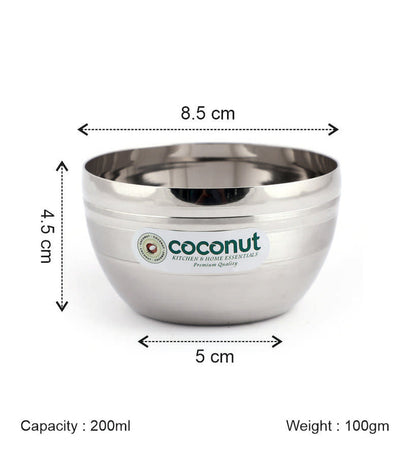 Coconut Stainless Steel Ringer Apple Bowl Set of 6 | Premium Serving Katori/Vati for Kitchen & Dining | Mirror Finish | Rust Proof | Dishwasher Safe | Available in 150ml, 200ml, 300ml & 350ml.